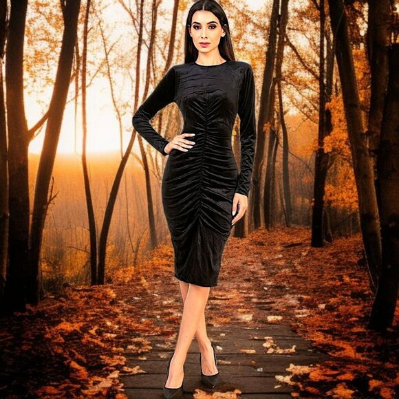 Witchy Ruched Velvet Midi Dress S Black Textured Long Sleeve Goth Sexy Romantic - Picture 14 of 16